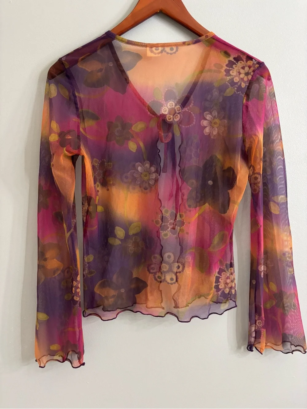 Y2K Sheer Mesh Watercolor Floral Tie Front Cardigan Top S